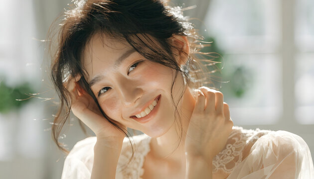 A smiling young bride in a glamour fashion dress reveals pure happiness as she poses for a bridal portrait outdoors, her beautiful face and hair