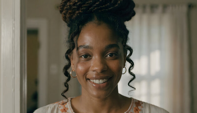 A beautiful smiling African American woman with an afro and brunette hair expresses pure happiness and fun
