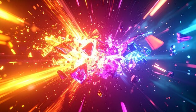 3D energy explosion background with vibrant glowing fragments