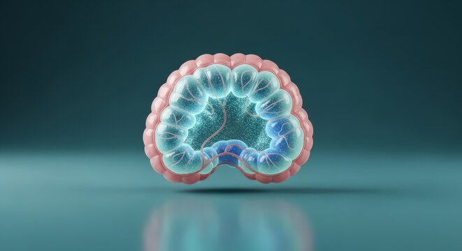 Salivary gland 3D render, secretion flow visualization, glandular duct system anatomy model, reduced output zone analysis, oral physiology structure study