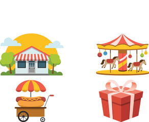 Naklejka premium Cartoon amusement park icons set including shop carousel food cart and gift box in flat design isolated on white