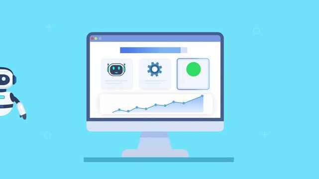 Animated video of a robot assistant beside a computer dashboard showing vision detection, system settings, and analytics, representing AI computer vision, automation, and intelligent data analysis.