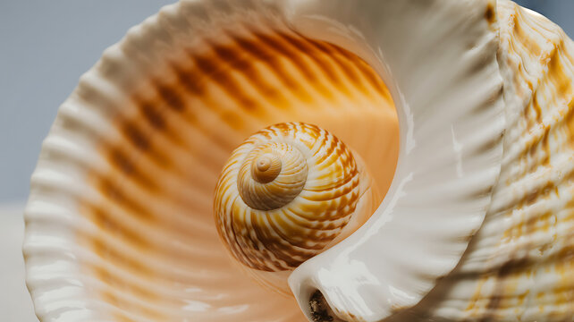Closeup of a large seashell with a spiral pattern and ridged texture on a gray background