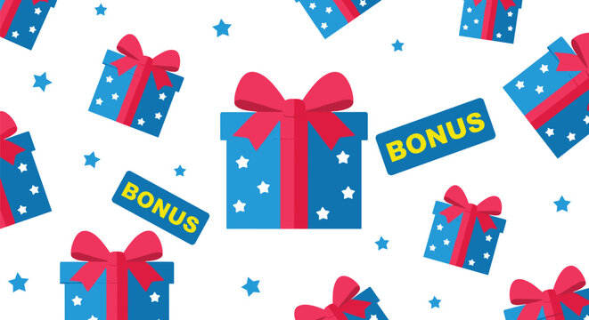 Numerous festive blue gift boxes decorated with white stars and red ribbons float alongside yellow bonus labels across a clean white minimalist background.
