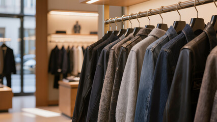 Obraz premium Row of men’s clothing on hangers in a modern store or wardrobe, stylish shirts and jackets neatly arranged in soft natural lighting 