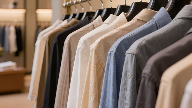 Row of men&rsquo;s clothing on hangers in a modern store or wardrobe, stylish shirts and jackets neatly arranged in soft natural lighting
