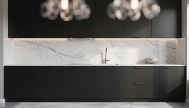Medium shot capturing upscale kitchen renovation with matte black cabinetry minimalistic handles and elegant marble backsplash blurred designer light fixtures enhance luxurious
