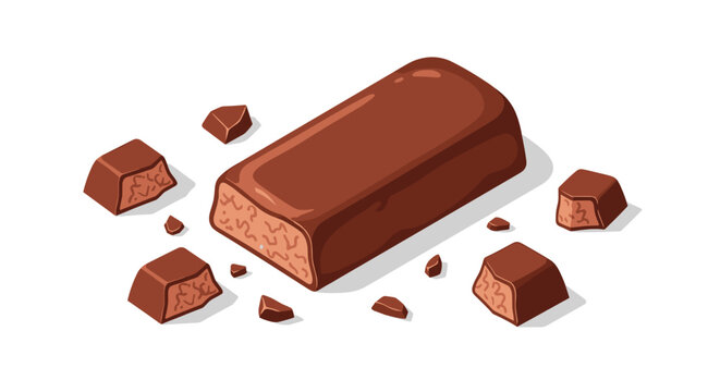 Delicious chocolate protein bar is shown whole and in several broken chunks revealing a textured nougat center against a clean and bright white background.