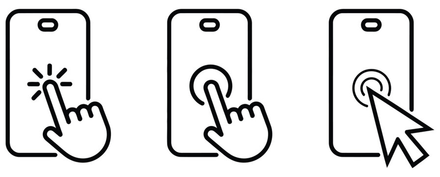 Hand, touch screen smartphone icon set featuring mobile tap and click interaction symbols, touchscreen gesture and user interface concept,