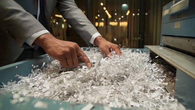Businessman destroys sensitive corporate documents using an office paper shredder to ensure data privacy and security.