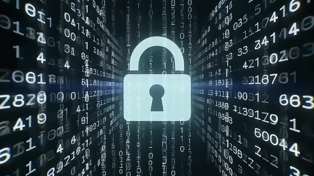 Digital padlock on binary code background.