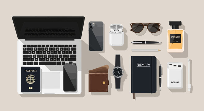 Travel essentials, accessories, gadgets, and documents, flat lay