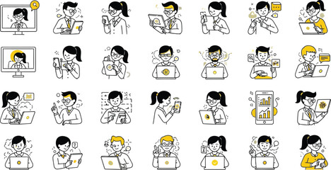Fototapeta premium Illustrations of diverse digital communication and work scenarios in an office setting Vector