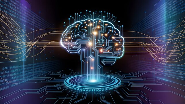Artificial Intelligence Brain with Circuit Board Design and Glowing Binary Code. Concept of Digital Mind, Machine Learning, Big Data, and Futuristic Technology.