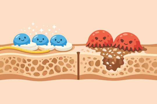 Bone Remodeling Process Illustration Featuring Cute Cartoon Osteoblasts Building New Bone Tissue and Osteoclasts Breaking Down Old Bone Matrix for Medical Education and Healthcare Concepts.