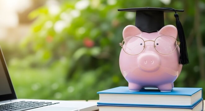 Graduation financial planning saving for education with a piggy bank and books