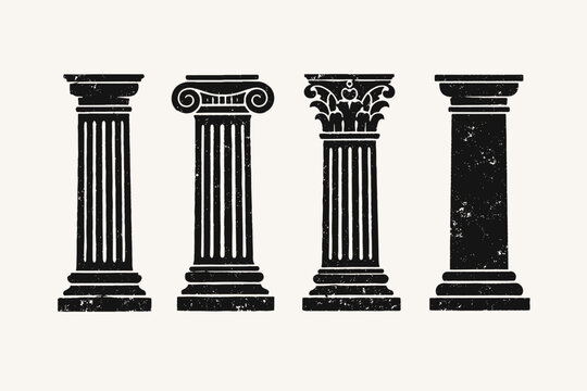 Collection of four vintage distressed classical columns in silhouette, including Doric, Ionic, Corinthian, and Tuscan architectural orders. Antique Greek and Roman pillars for historical design.