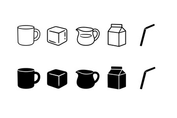 Set of black and white coffee and beverage icons featuring a mug, ice cube, creamer pitcher, milk carton, and straw in outline and solid silhouette styles for cafe menu design and graphic projects.