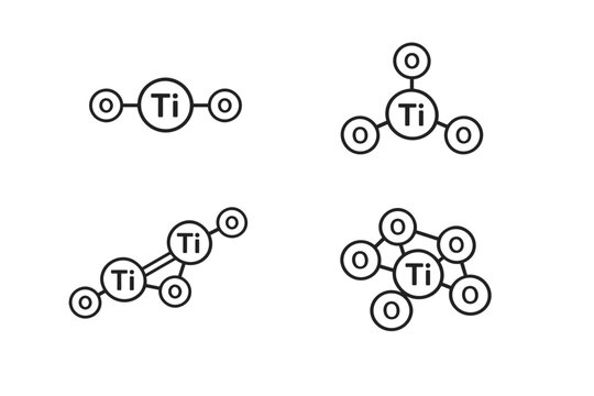 Set of Titanium Dioxide TiO2 Molecule Line Icons. Vector Illustration of Chemical Structures and Atomic Bonds for Science, Chemistry, and Industry. Flat Design Symbols of Titanium and Oxygen Atoms