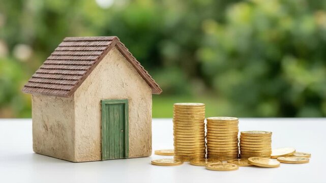 Rising cost living inflation economy crisis debt struggle poverty stress recession housing finance pressure savings loan mortgage challenge model house coin stack on table symbolizing financial strain
