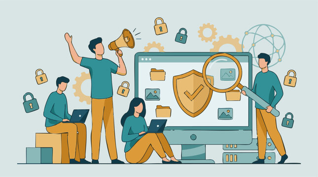 Cybersecurity team protecting digital data and managing online privacy