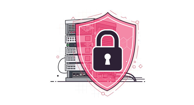 A robust dark padlock icon sits prominently on a glowing pink protective shield positioned in front of a detailed grey computer server rack system.