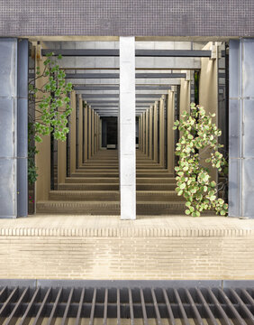 Aerial view of the Building Lightwell with its symmetrical architectural structure and green plants in Taiwan.