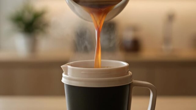Hot coffee pouring from a white pitcher into a black and white travel mug. A warm kitchen background.