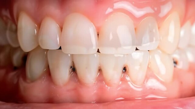 Human teeth with gum tissue and dental plaque buildup, suitable for dental education, oral hygiene awareness, medical research, and health clinics.