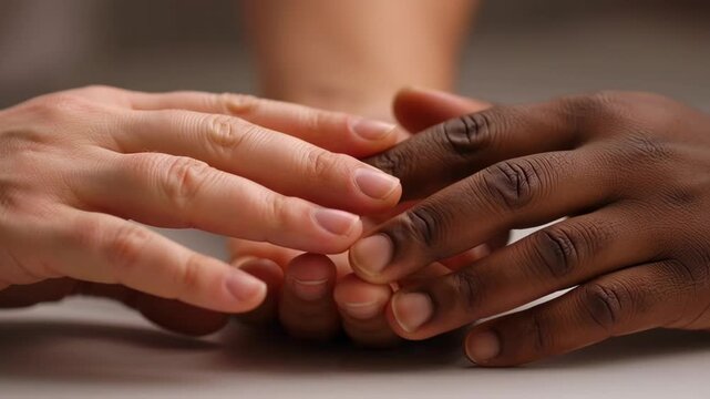 Two diverse hands gently approaching and touching. Representing unity, diversity, and human connection.