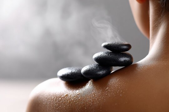 Hot stone massage on woman shoulder with stacked basalt stones and steam in spa setting