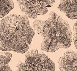 Fototapeta premium Tree growth rings seamless pattern with close up trunk sections. Natural wood stamp textures showing growth layers, detailed for organic design elements, backgrounds. Vector wood texture, tree, rings.