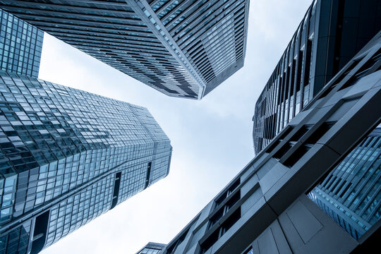 Modern skyscrapers shape Frankfurt bankenviertel urban cityscape for finance business in Germany with contemporary architecture seen from dramatic low view