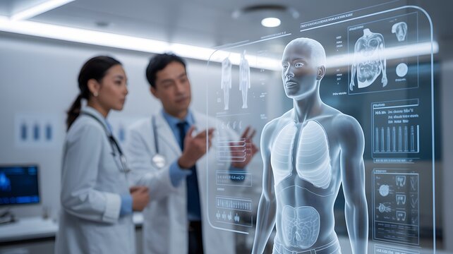 Doctors analyze human anatomy hologram on futuristic transparent display. Medical professionals use advanced AI technology for diagnosis and research.