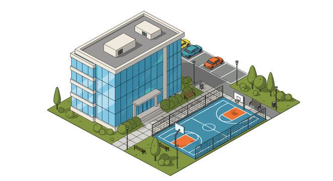 A contemporary glass office building stands beside a vibrant blue outdoor basketball court and a small parking area filled with colorful miniature vehicles.