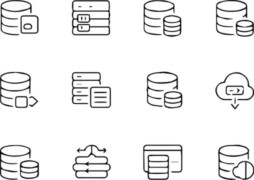 database minimal icons set showing servers, charts, sync and cloud