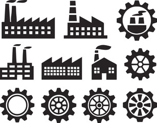 Naklejka premium factory silhouettes set chimneys smokestacks sawtooth roofs and gears