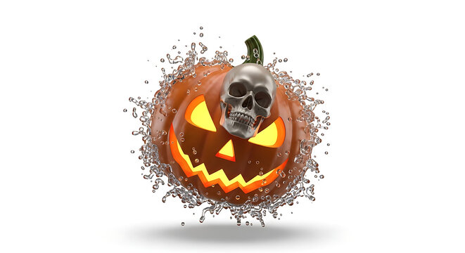 Jack-o'-lantern with a skull on top exploding into digital particles, Halloween concept, glowing orange eyes and mouth, dark spooky mood