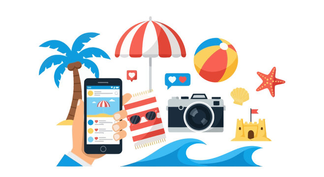Summer vacation icons, beach travel symbols, tropical getaway graphics, holiday elements