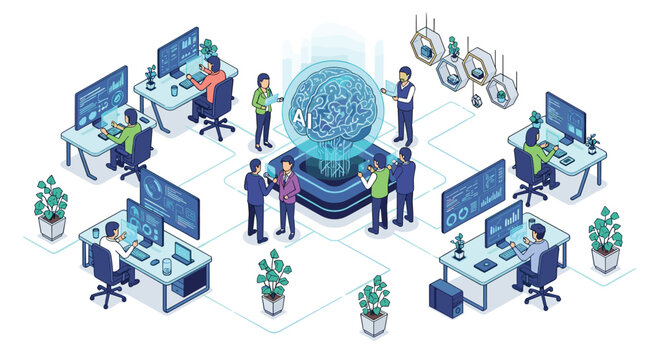 Meticulous isometric illustration depicts diverse tech professionals collaborating around a glowing blue artificial intelligence brain hologram in a modern office.