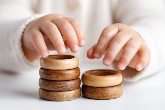Toddler hands stacking natural wooden rings on white table Montessori fine motor learning activity