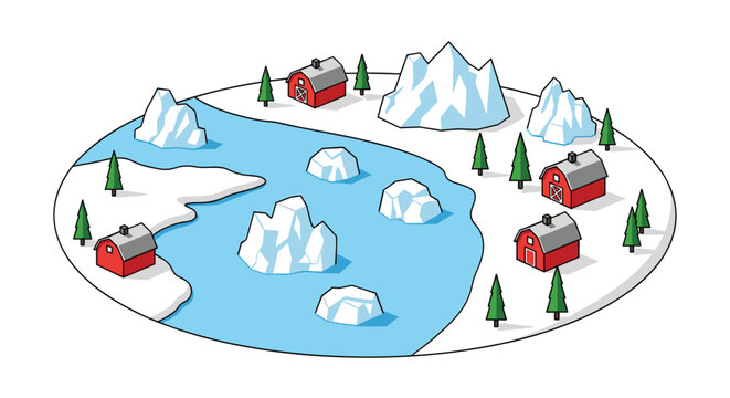 Charming isometric winter landscape featuring red farmhouses and green pine trees nestled among white icebergs floating in a cold blue winding river.