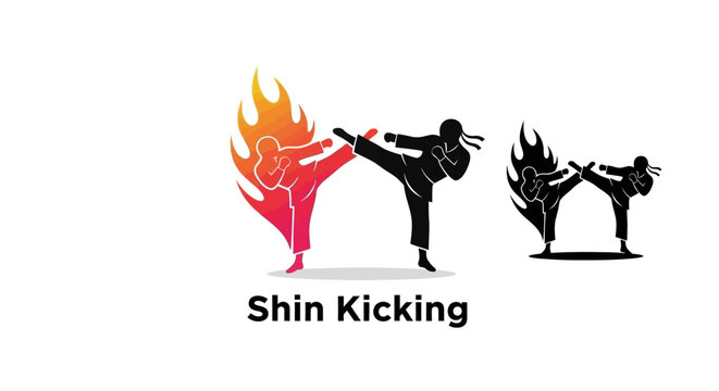 Dynamic Silhouette Martial Arts Kick with Fiery Flames Illustration.