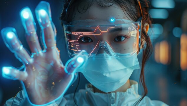 Young girl in futuristic gear interacting with holographic interface, glowing finger sensors