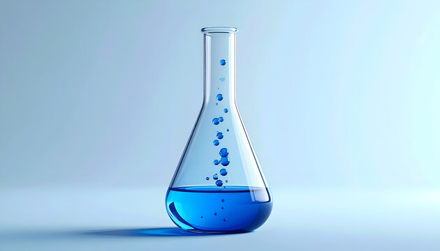A vibrant blue liquid bubbles within a conical flask, illuminated against a soft, gradient background, evoking a sense of scientific exploration and experimentation.