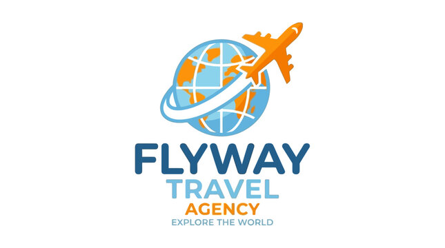 Travel agency logo features airplane and globe icon with travel words