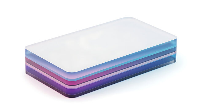 Layered translucent rectangular prism with glowing strata of blue, pink, and purple against a white background, modern abstract geometric shape