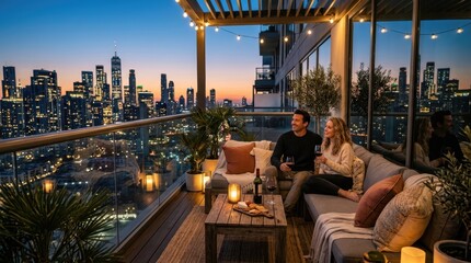 Obraz premium Couple enjoys wine on a balcony overlooking a city skyline at dusk