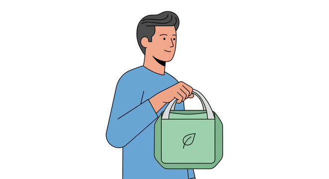 Smiling man holding eco-friendly lunch box with leaf design