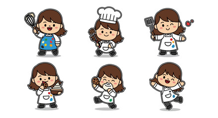 Naklejka premium Cute Kawaii Little Baker Girl Sticker Sheet Set, Adorable Cartoon Character Posing with Kitchen Utensils and Sweet Treats for Creative Designs